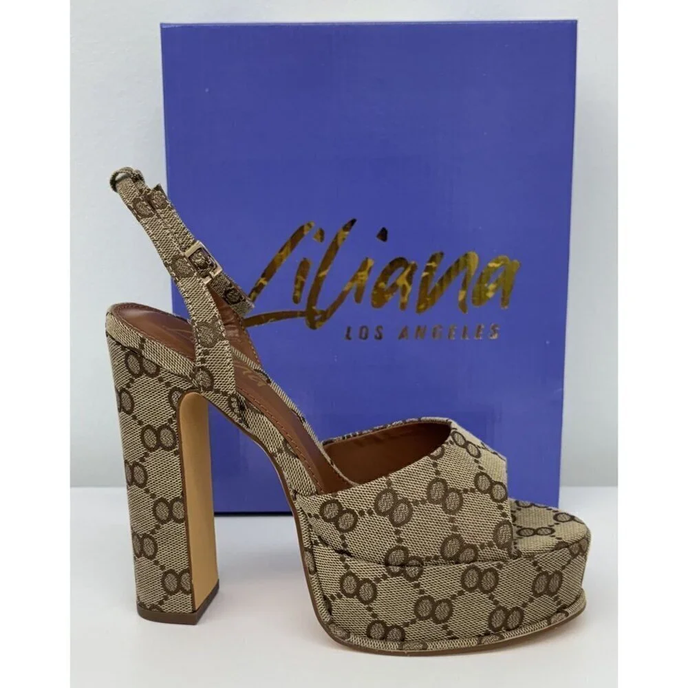 LILIANA  / Josy-6 / Beige Monogram / Platform / Heels With Adjustable Ankle